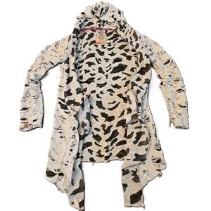 BLOF Distressed Leopard Print‎ Open Front Hooded Cardigan Sweater Womens S